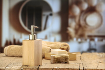 Desk of free space and bathroom interior. 