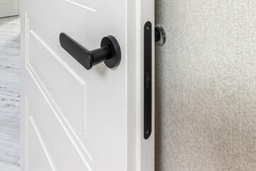 Modern black door handle on white wooden door in interior. Knob close-up elements.