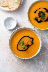 Homemade pumpkin soup with pumpkin oil