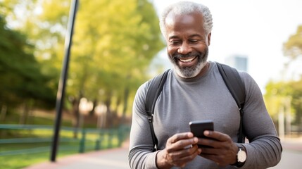 Senior black man looking at phone in the park - obrazy, fototapety, plakaty