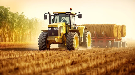 Yellow tractor on the field at the corn harvest. Postproducted generative AI illustration. - obrazy, fototapety, plakaty