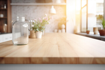 Fototapeta na wymiar Empty beautiful wood table top counter and blur bokeh modern kitchen interior background