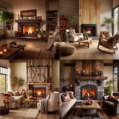 cozy atmospheric interior with a fireplace and plaids   ,ai generated - obrazy, fototapety, plakaty