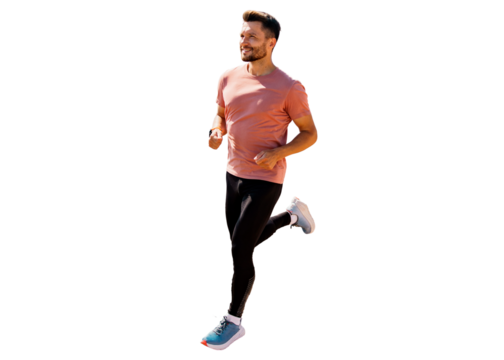 A man in sports clothes is running. Active running cardio training of a sports person who trains every day.   Transparent isolated background.