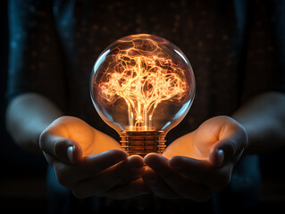 Hand cradling a glowing lightbulb with mini brain