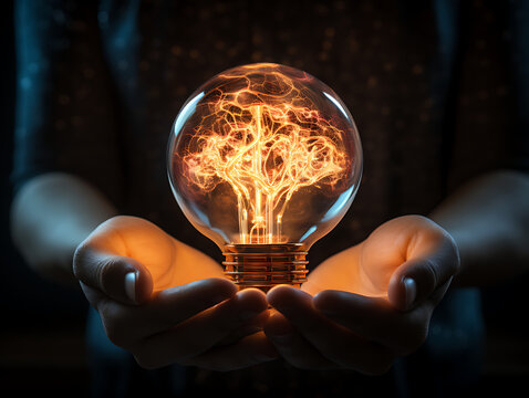 Hand cradling a glowing lightbulb with mini brain