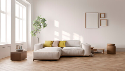Fototapeta premium Stylish scandinavian composition of living room. Minimalist cozy room of modern contemporary loft. Home decor from generative AI.