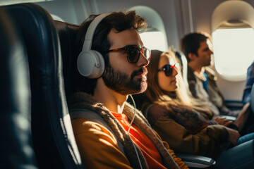 a man listening music in airplane - obrazy, fototapety, plakaty