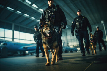 police dogs Searching for explosives at the airport. - obrazy, fototapety, plakaty