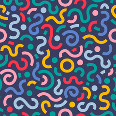 Vector abstract seamless pattern. Multi-colored repeating squiggles, spirals and worms.