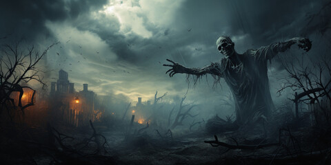 Fototapeta premium Ghost scenery, Halloween background, Zombie Apocalypse, scary haunted cemetery