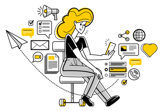 Online work on a phone concept vector outline illustration, smartphone remote virtual working freelancer or a part of coworking team working on distance.