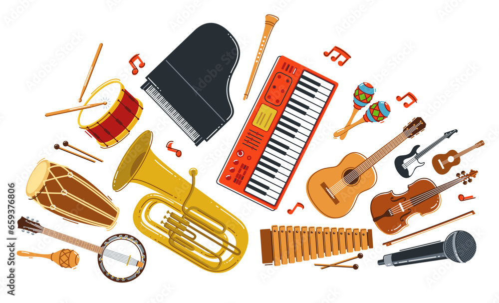 Wall mural music orchestra diverse instruments vector flat illustration isolated on white background, live soun