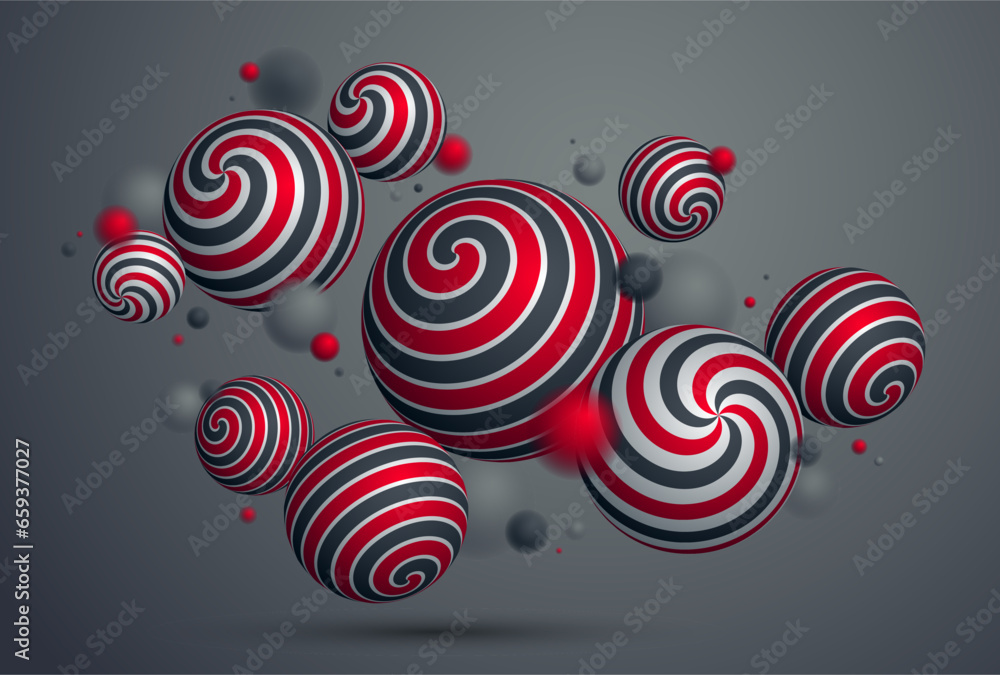 Poster abstract spheres vector background, composition of flying balls decorated with patterns, 3d mixed va