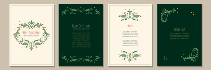 Set of Christmas and New Year greeting card. Green background with traditional book ornaments. Holiday design for greeting card, invitation, cover, calendar, social media posts, menu.