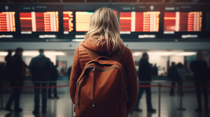 The back portrait of female looking at flight board in airport terminal. AI Generative - obrazy, fototapety, plakaty