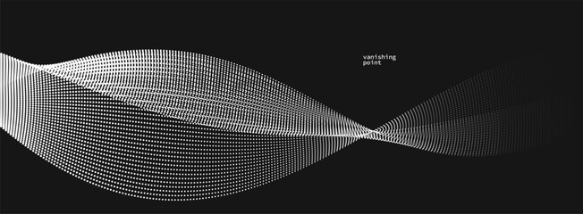 Fototapeta premium Abstract background vector illustration over black, dots in motion by curve lines, particles flow wave isolated, monochrome black and white illustration.