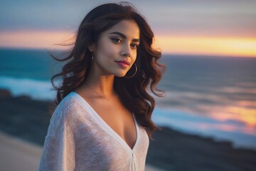 Beautiful young smiling spanish brunette woman on sunset, sea and blue sky on the background. Generative AI