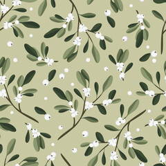 Materiał do szycia Vector seamless pattern with mistletoe branches on green background. For fabric, wallpaper, packaging, textile, web design.