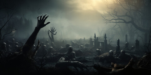 Ghost scenery, Halloween background, Zombie Apocalypse, scary haunted cemetery - obrazy, fototapety, plakaty