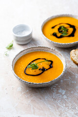 Homemade pumpkin soup with pumpkin oil