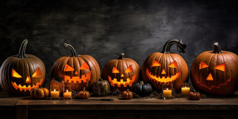 Glowing Jack-o&rsquo;-lanterns on a Wooden Table: A mesmerizing display with lit candles, set against a dark background, offering space for Halloween-themed text.