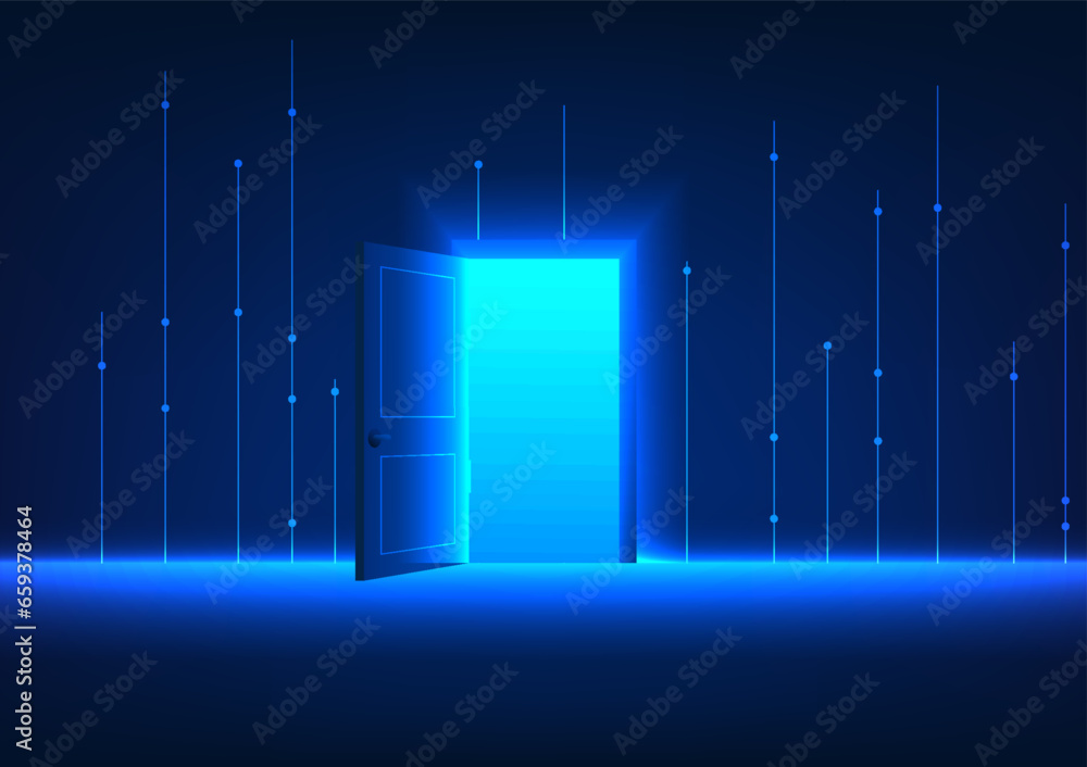 Poster opening the door to enter the world of technology there are connecting lines on the back. referring 