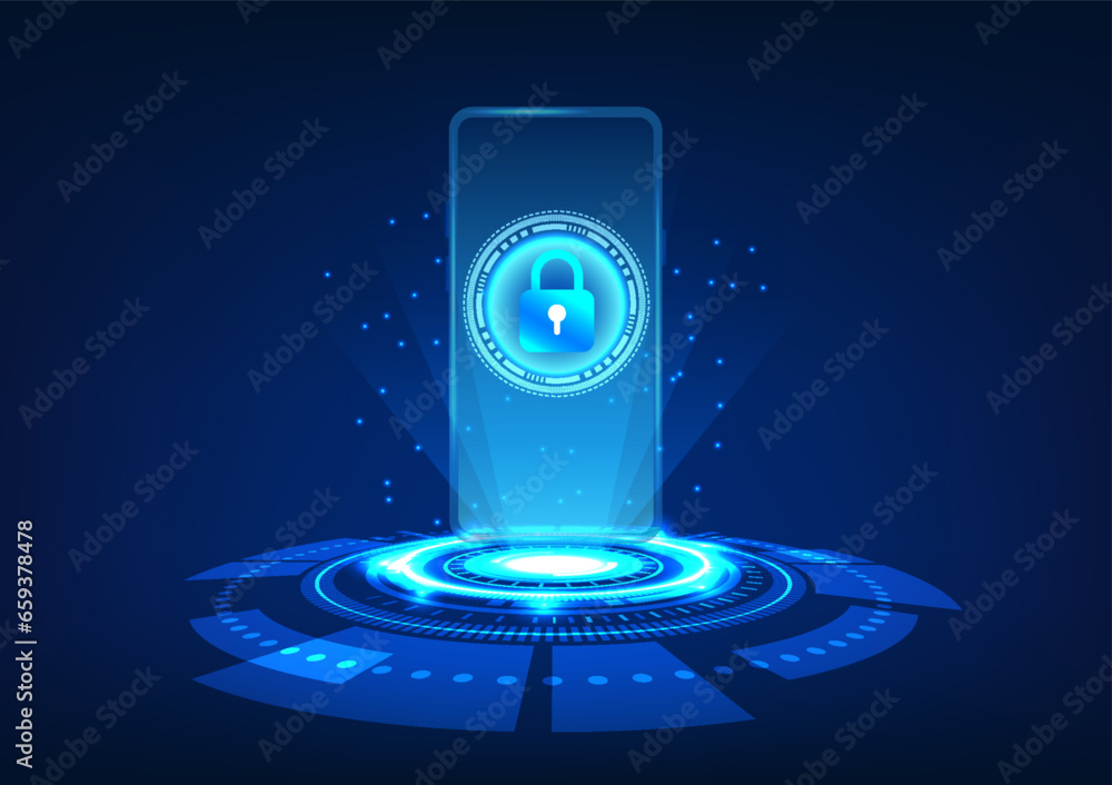 Poster smartphone technology mobile phone on technology circle with screen and lock. mobile security system