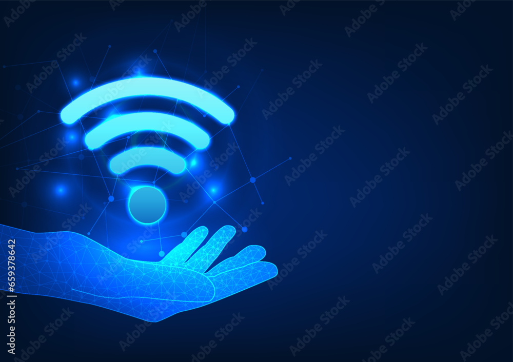 Poster wi-fi technology hand holding wifi icon it refers to people who use wireless internet signals. in co