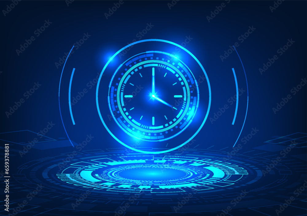 Poster time technology a technological circle that projects the clock in the form of a holographic image. i