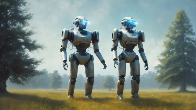 Mecha robot standing on a meadow. Scifi illustraiton in high resolution