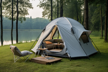 Lone tent in a beautiful landscape. Concept image on travel, nomad life and sustainable holidays.