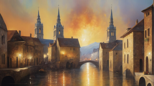 Oil painting styled illustration of a european town in 17th century. Highly detailed and realistic illustration