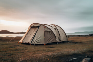 Lone tent in a beautiful landscape. Concept image on travel, nomad life and sustainable holidays.