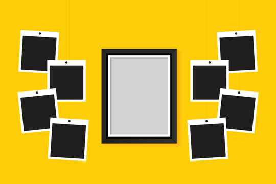 Realistic hanging photo frames with yellow color background