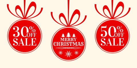 Christmas sale ball set. Price off icon, logo or label. Discount, promotion card design elements with Xmas balls. Vector illustration.