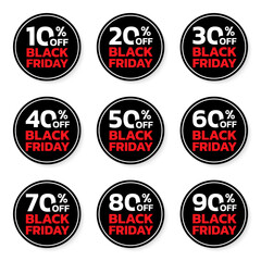 Black Friday sale label, icon or sticker set. 10, 20, 30, 40, 50, 60, 70, 80, 90 percent price off. Discount badge or tag design. Vector illustration.