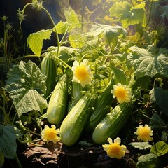 Cucumbers in a garden under direct sunlight
