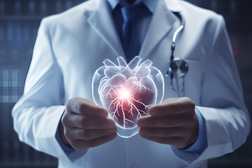 Male doctor holding anatomical model of the human heart. Cardiological consultation, treatment of heart diseases. Medical concept