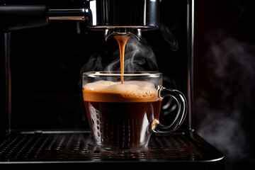 Close-up of Cappuccino pouring from coffee machine. Professional coffee brewing. Espresso machine making fresh coffee

