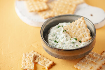 Benedictine spread. Cream cheese with cucumber and spring onions. United States cuisine. Copy space