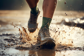 Dirty feet runner run  trail in autumn through mud and puddles