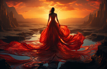 A girl in a long red dress stands in the middle of a mountain lake at sunset, generative AI