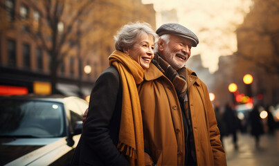 Obraz premium Happy senior couple ejoying their time together in the city. Acvite retirement concept