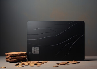 A black bank card with an abstract pattern is standing on the table against a dark background,  generative AI