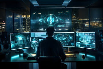 Silhouette of hacker in dark office with glowing interface. 3D rendering. ia generated