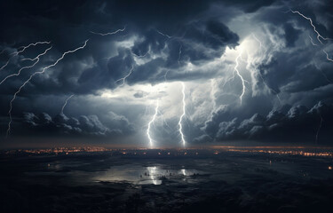 Storm clouds with illuminated lightning at night hover over the sea, generative AI





