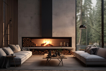 3d rendering of a modern living room with fireplace and wood logs. ia generated
