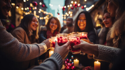 group of friends drinking mulled wine  - obrazy, fototapety, plakaty