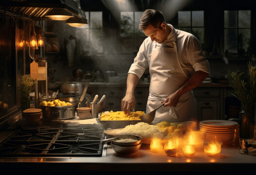 Sizzling Kitchen Ambiance, modern kitchen workspace, where chef's are delicately prepping a mix of meats and fresh green veggies